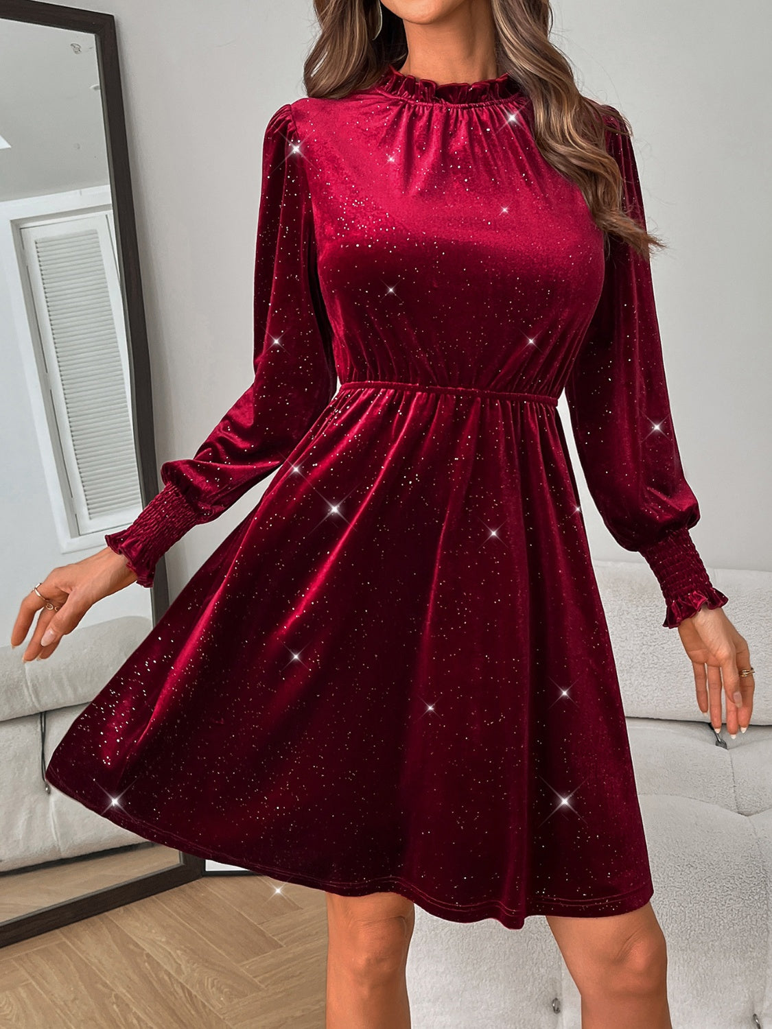 Mock Neck Glitter Long Sleeve Mini Dress