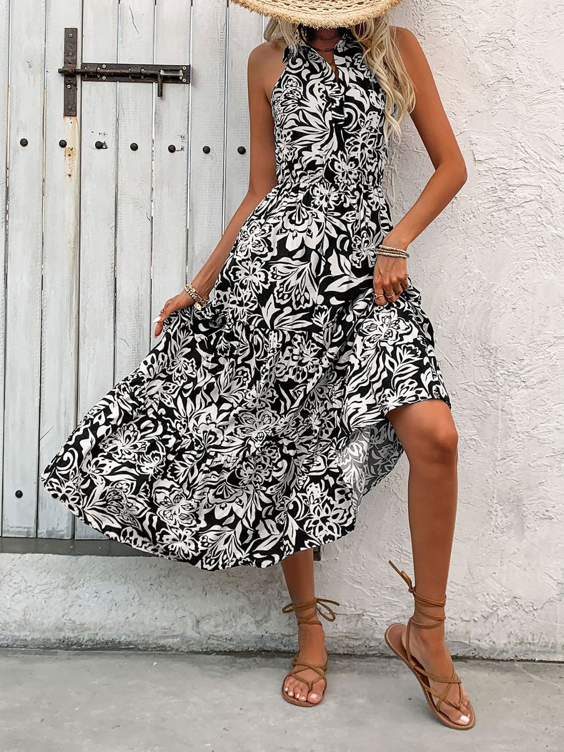 Printed Low Back Sleeveless Midi Dress