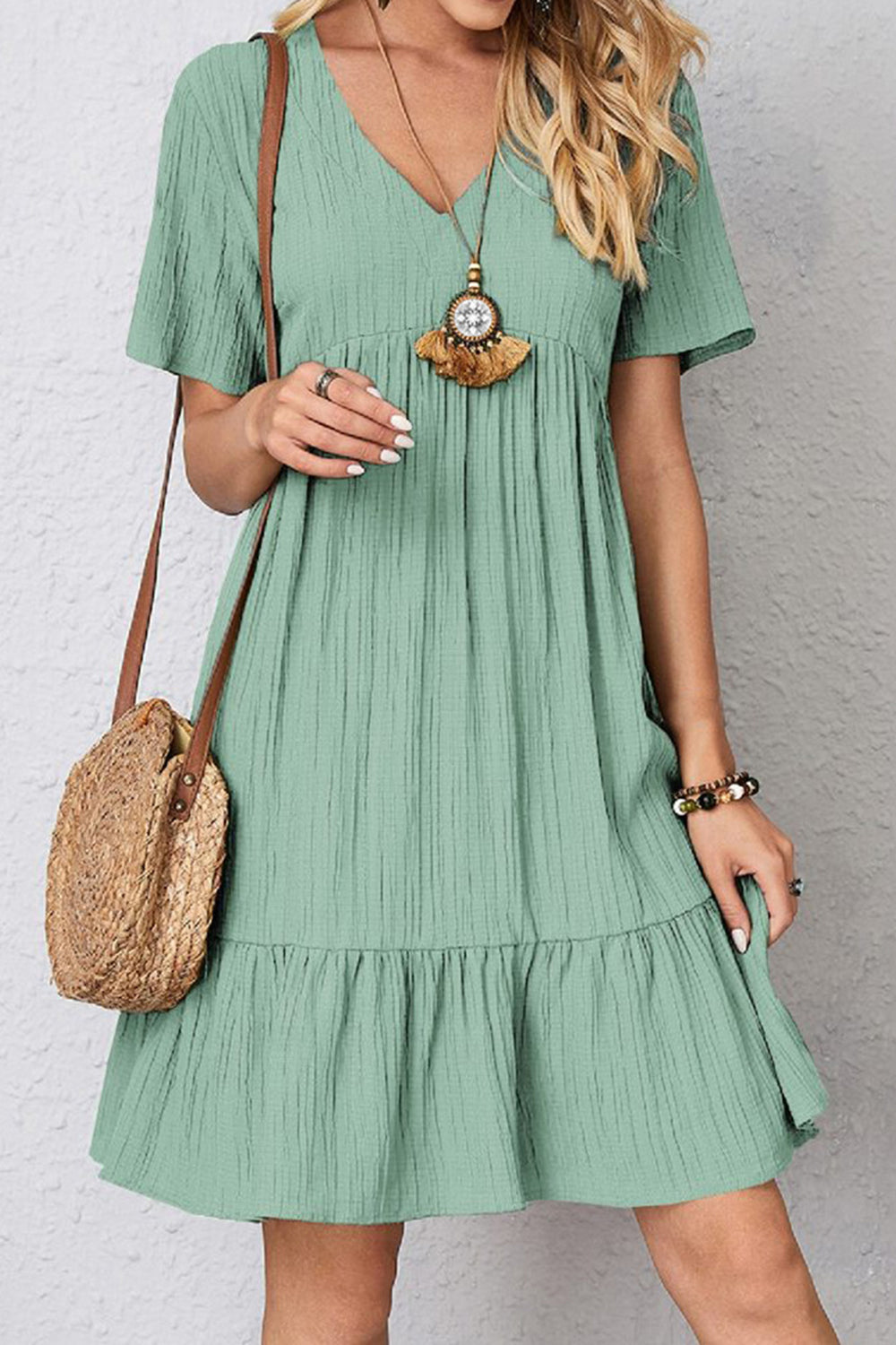 Plus Size Ruched V-Neck Short Sleeve Dress