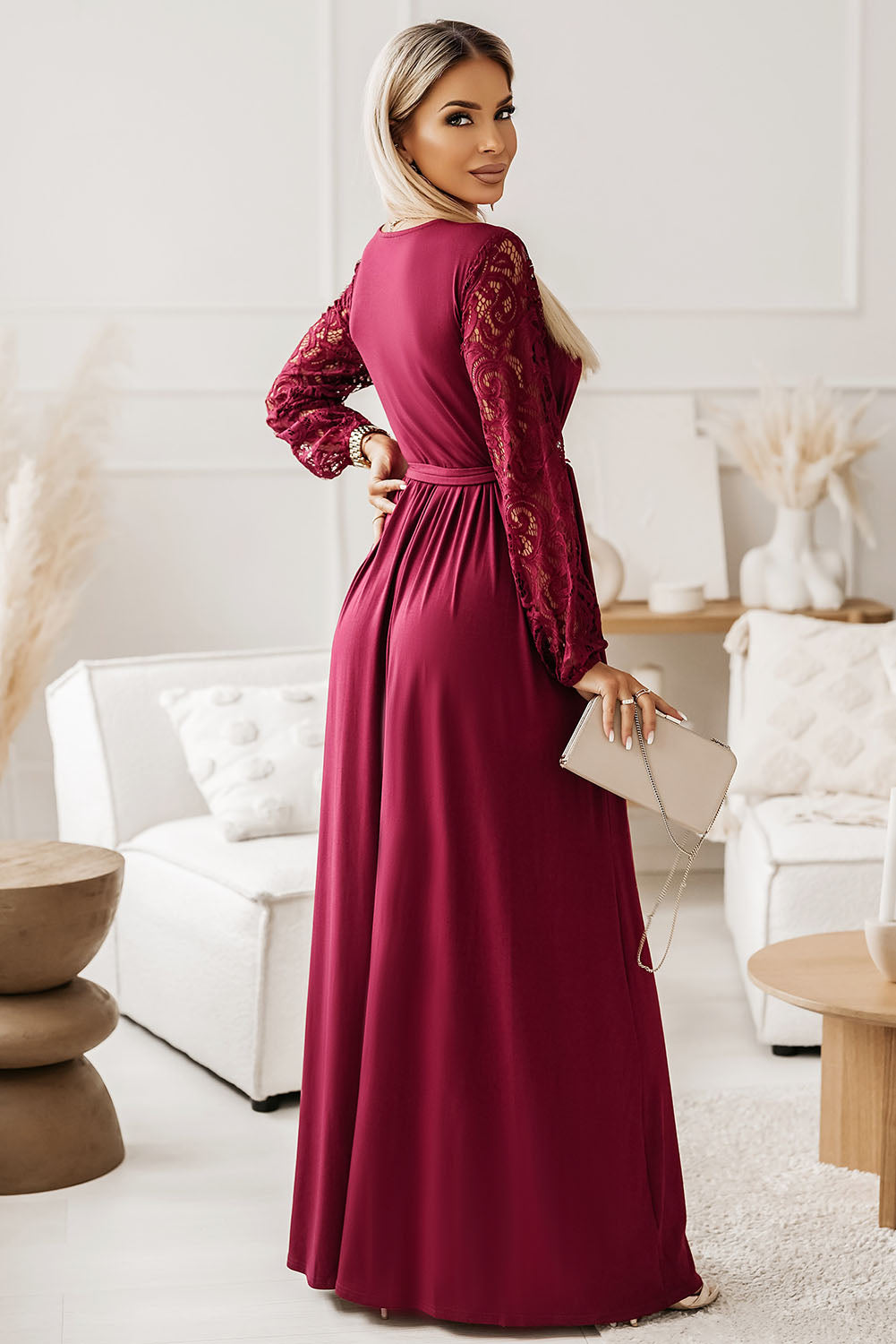 Lace Sleeve Surplice Tie-Waist Maxi Dress