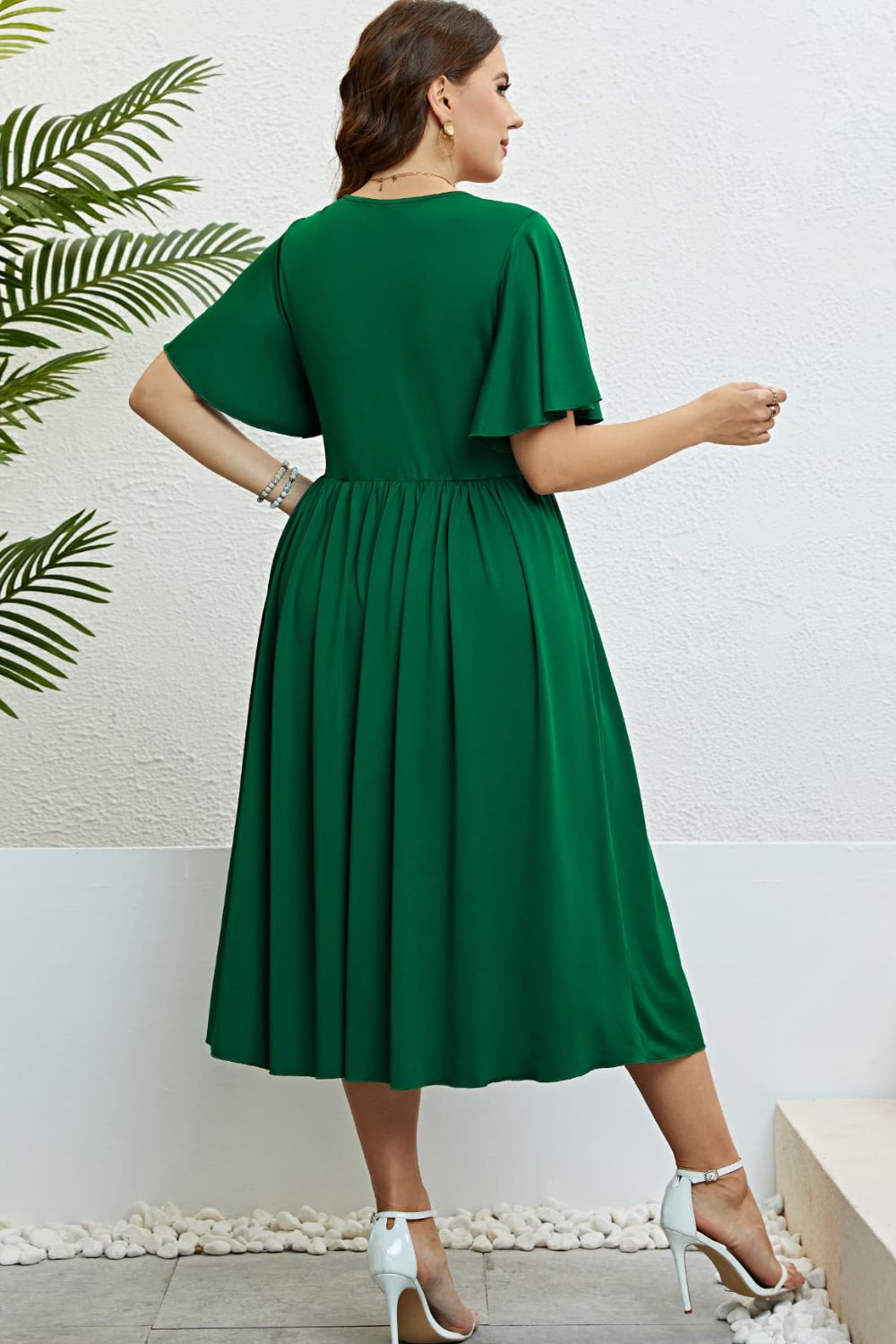 Green Flutter Sleeve Round Neck Dress