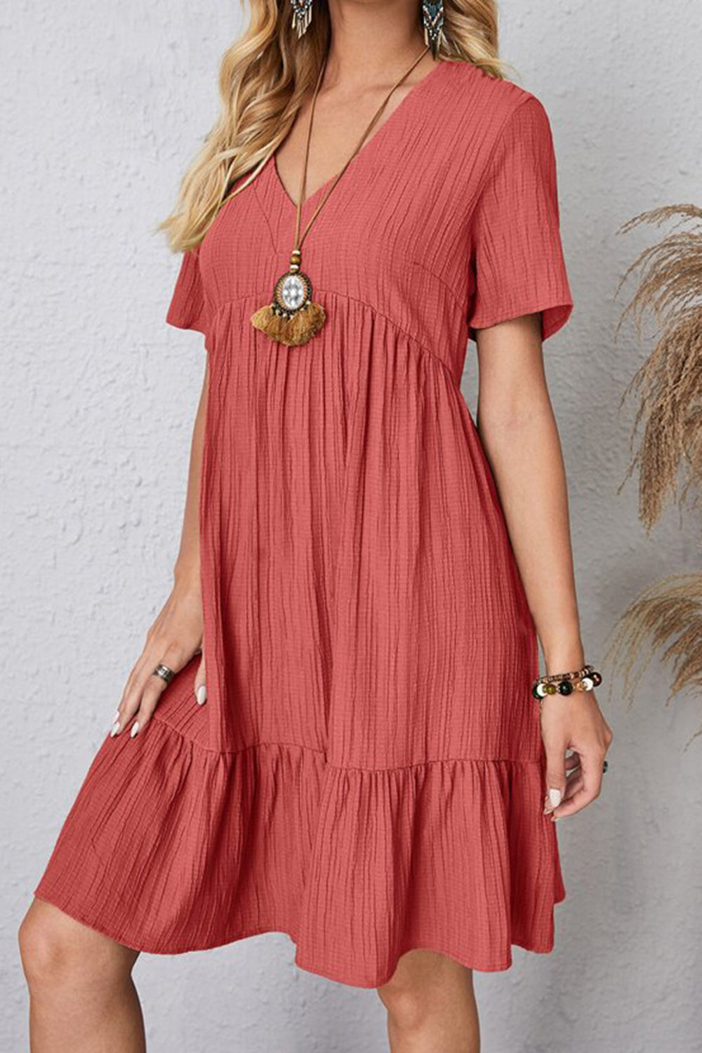 Plus Size Ruched V-Neck Short Sleeve Dress