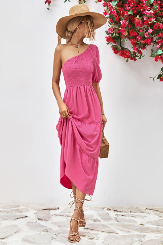 Smocked One-Shoulder Short Sleeve Midi Dress