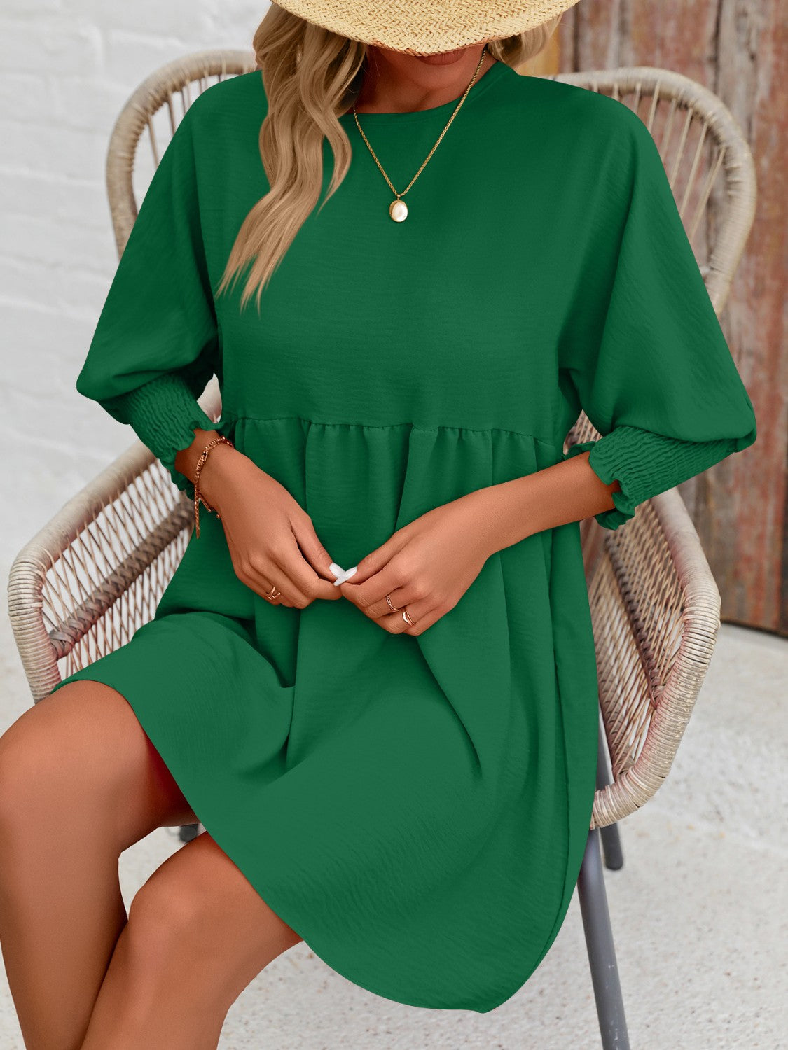 Lantern Sleeve Round Neck Mini Dress