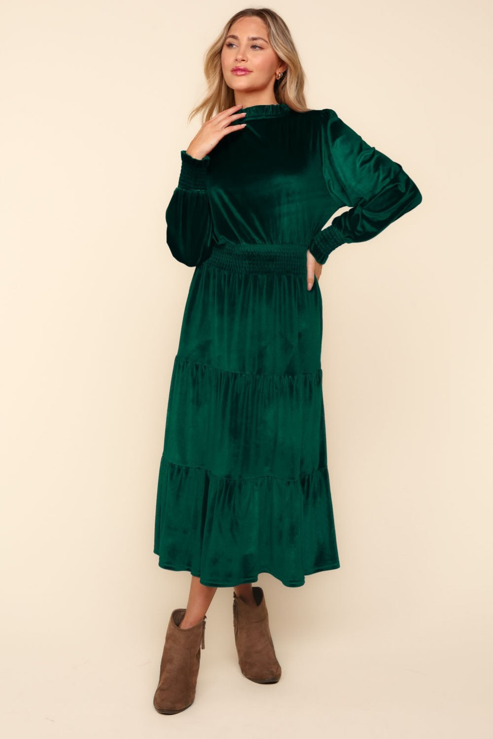 Mock Neck Smocked Waist Long Sleeve Velvet Tiered Dress