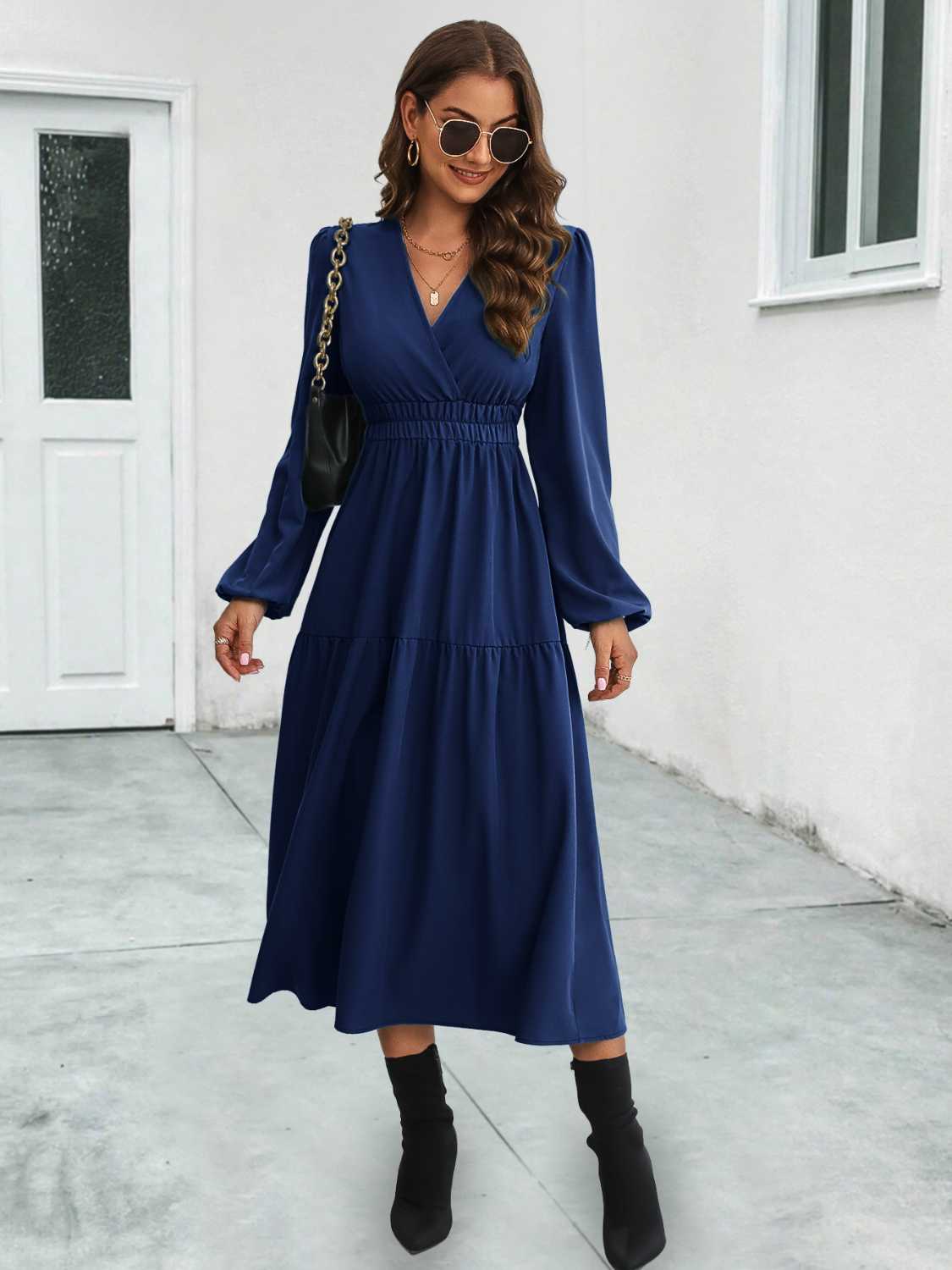 V-Neck Long Sleeve Midi Dress