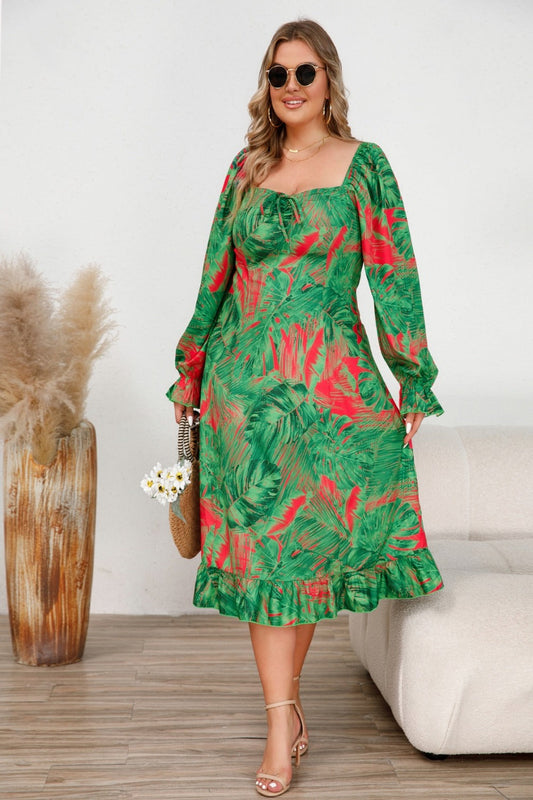 Flounce sleeve plus size ruffle bottom dress