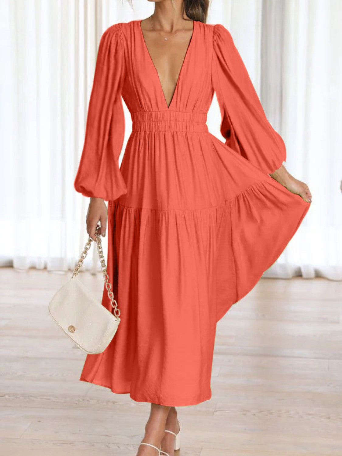 Balloon Sleeve Deep V-Neck Maxi Dress