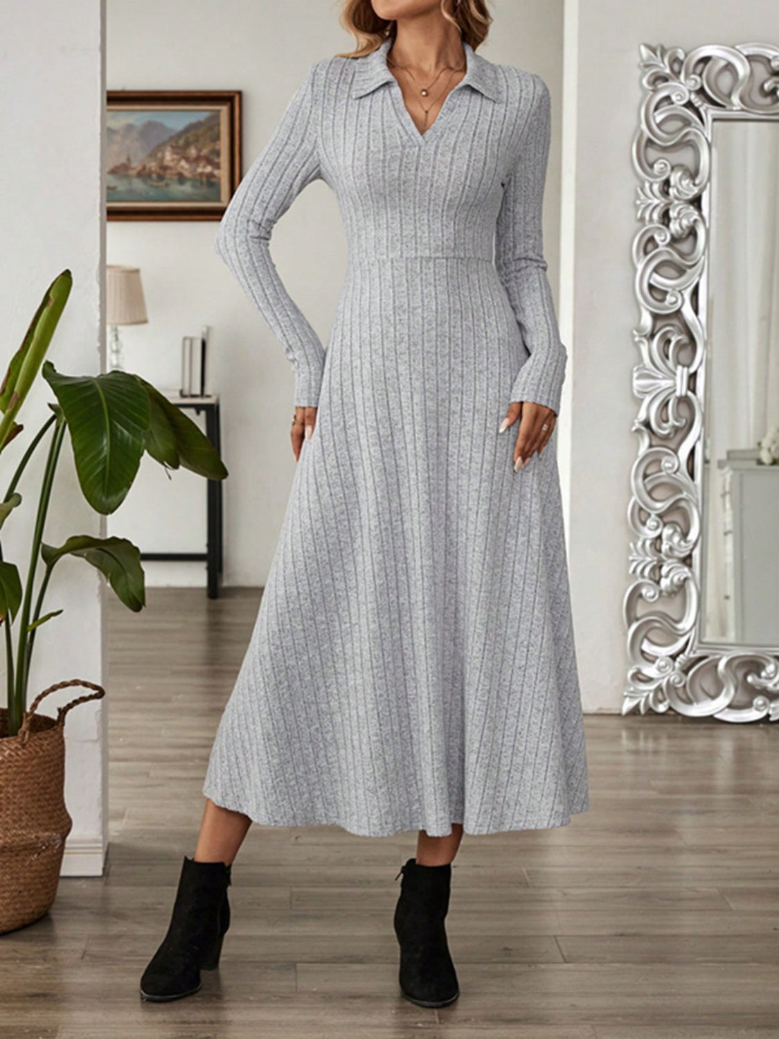 Collar V-Neck Long Sleeve Sweater Dress