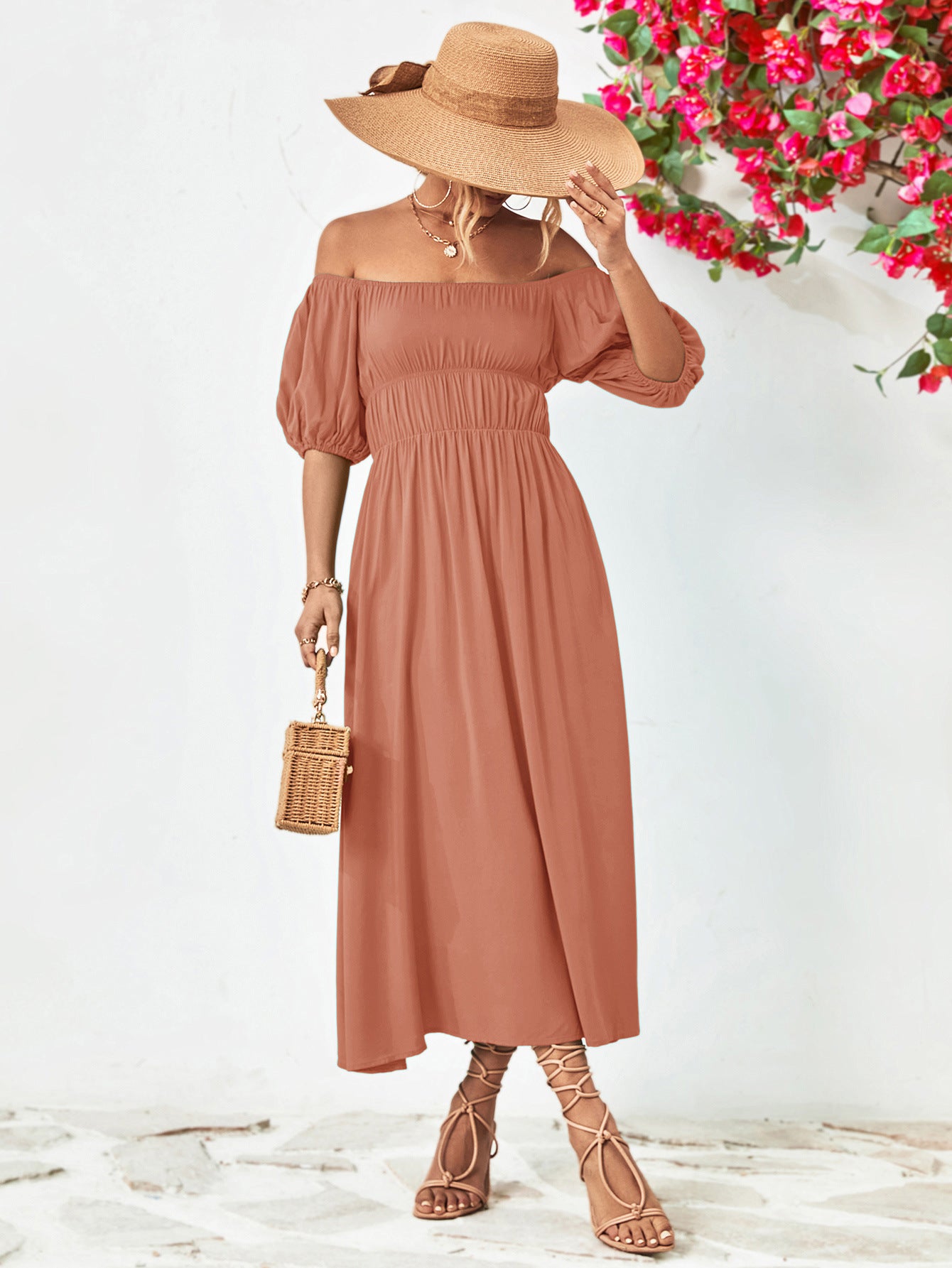 Chic Off-Shoulder Balloon Sleeve Midi Dress