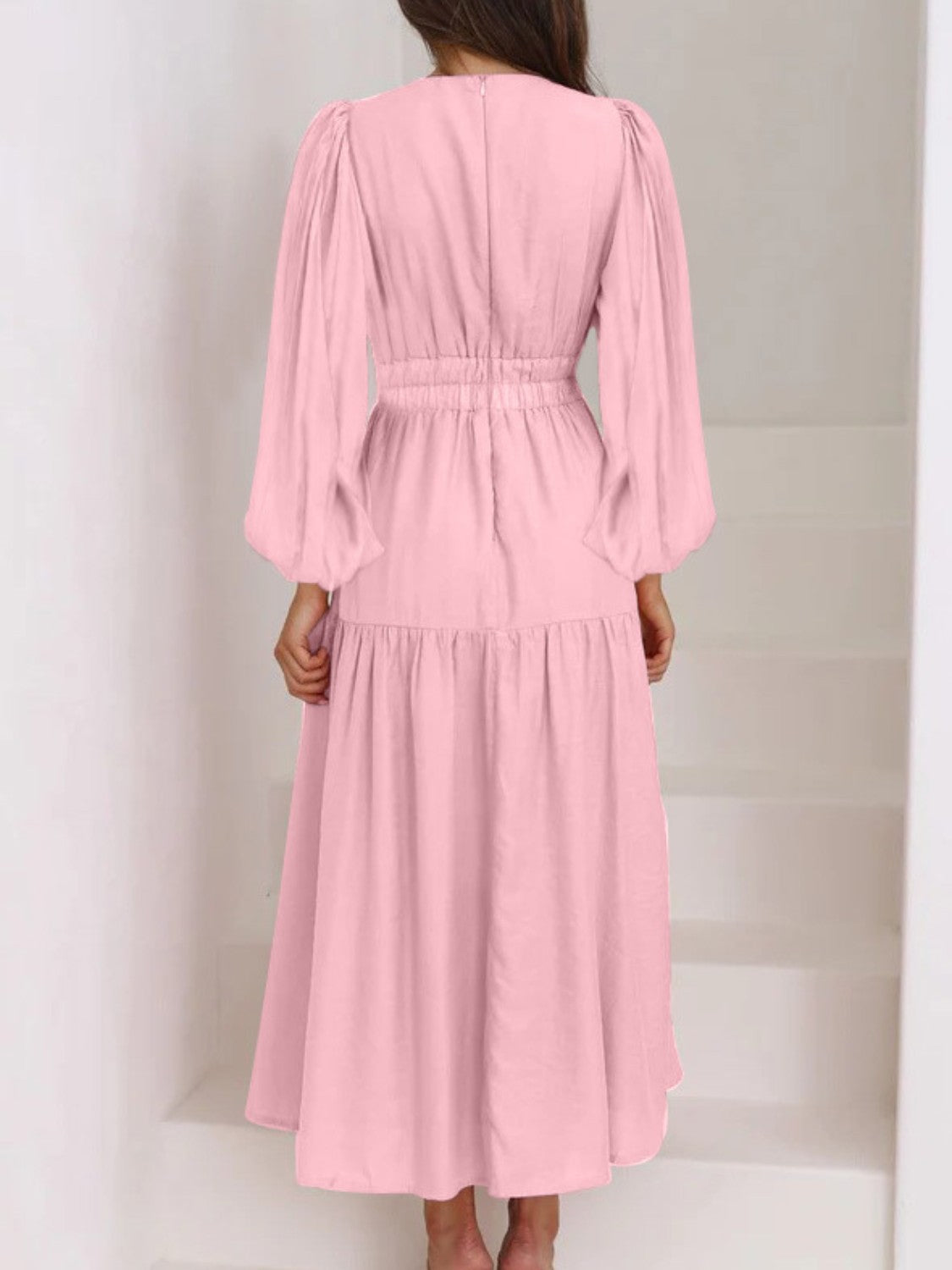 Balloon Sleeve Deep V-Neck Maxi Dress