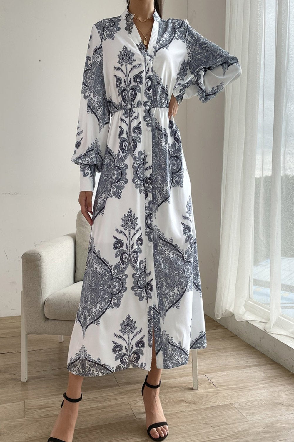 Long Lantern Sleeve Print Dress 