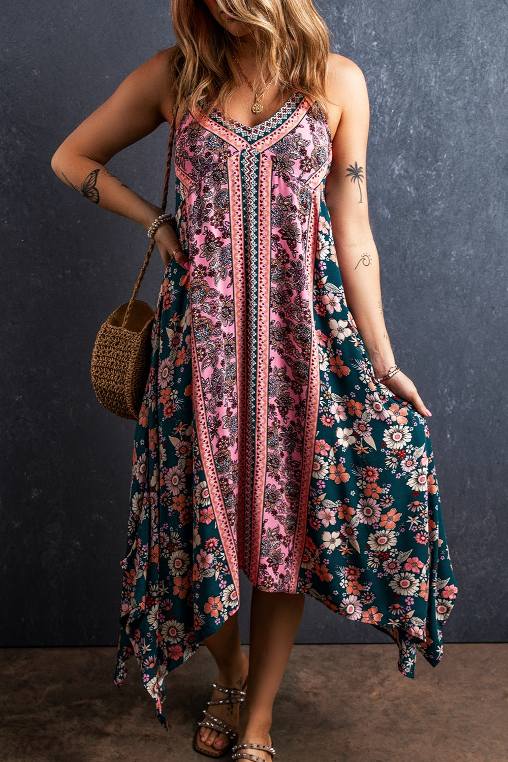 Printed V-Neck high-Low Midi Cami Dress