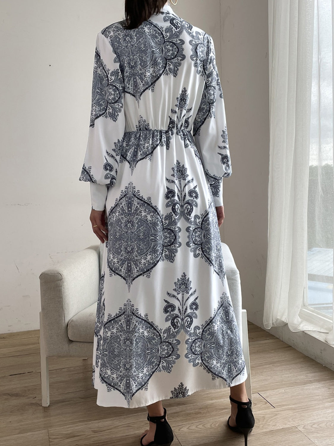 Printed Notched Long Sleeve Lantern Sleeve Midi Dress