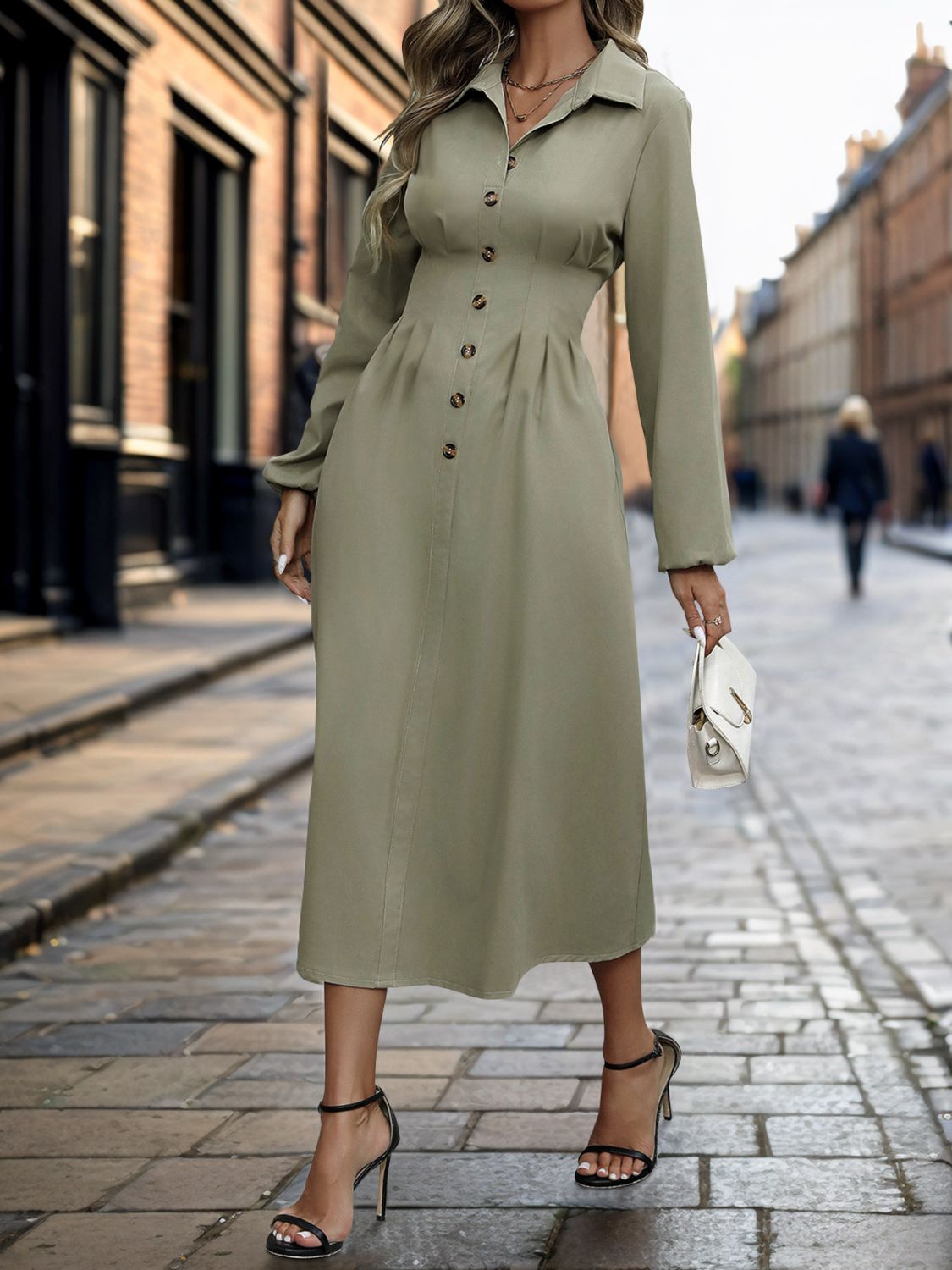 Button Down Long Sleeve Midi Dress