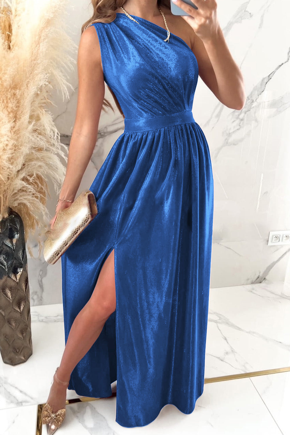 One Shoulder Split Ruched Dress