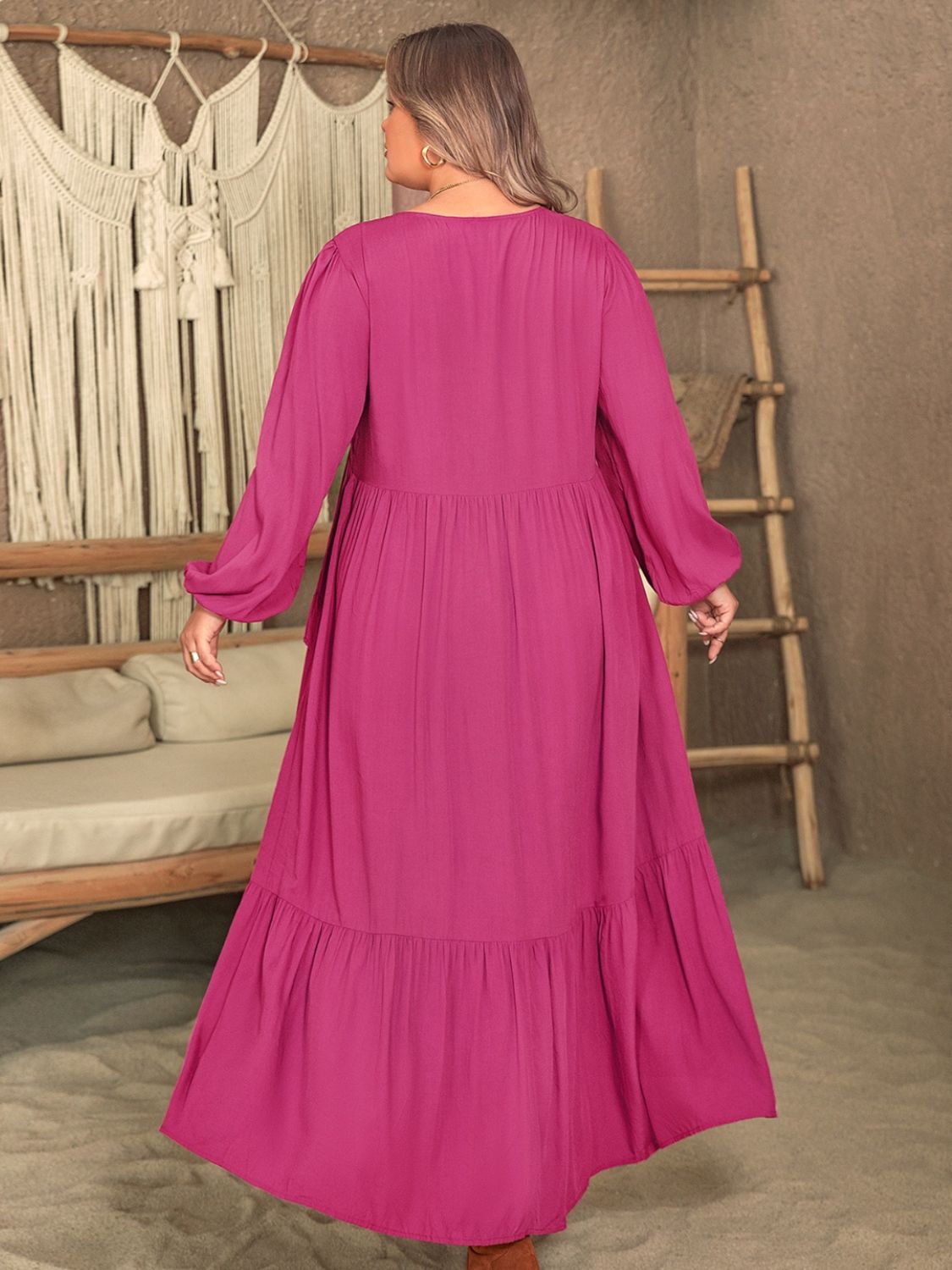 Plus Size Ruffled V-Neck Long Sleeve Maxi Dress