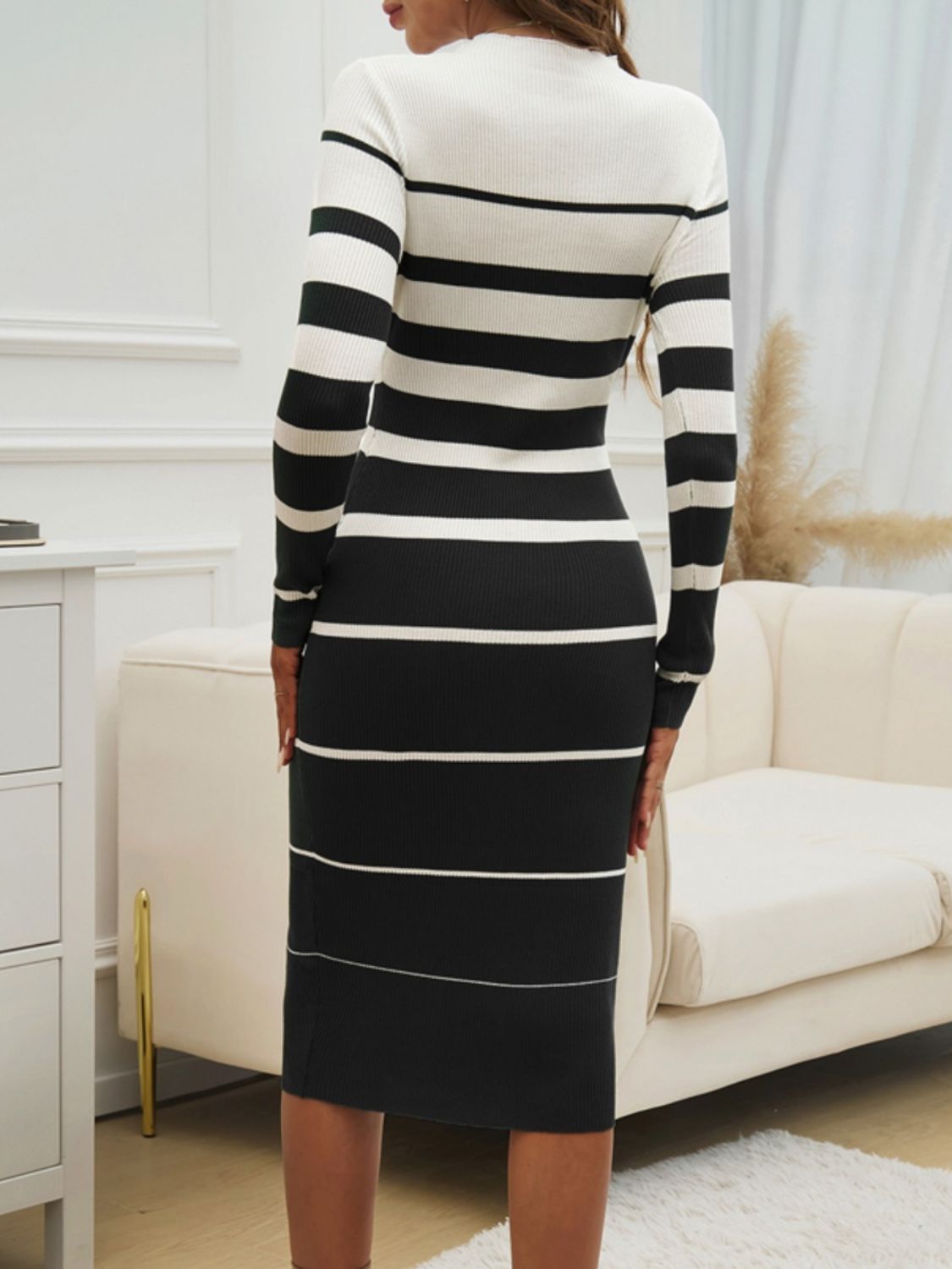 Striped Round Neck Long Sleeve Midi Dress