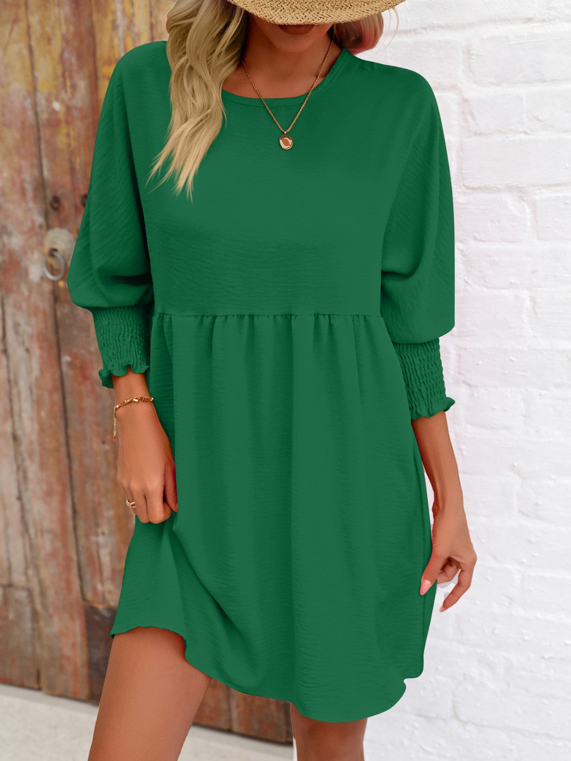 Lantern Sleeve Round Neck Mini Dress