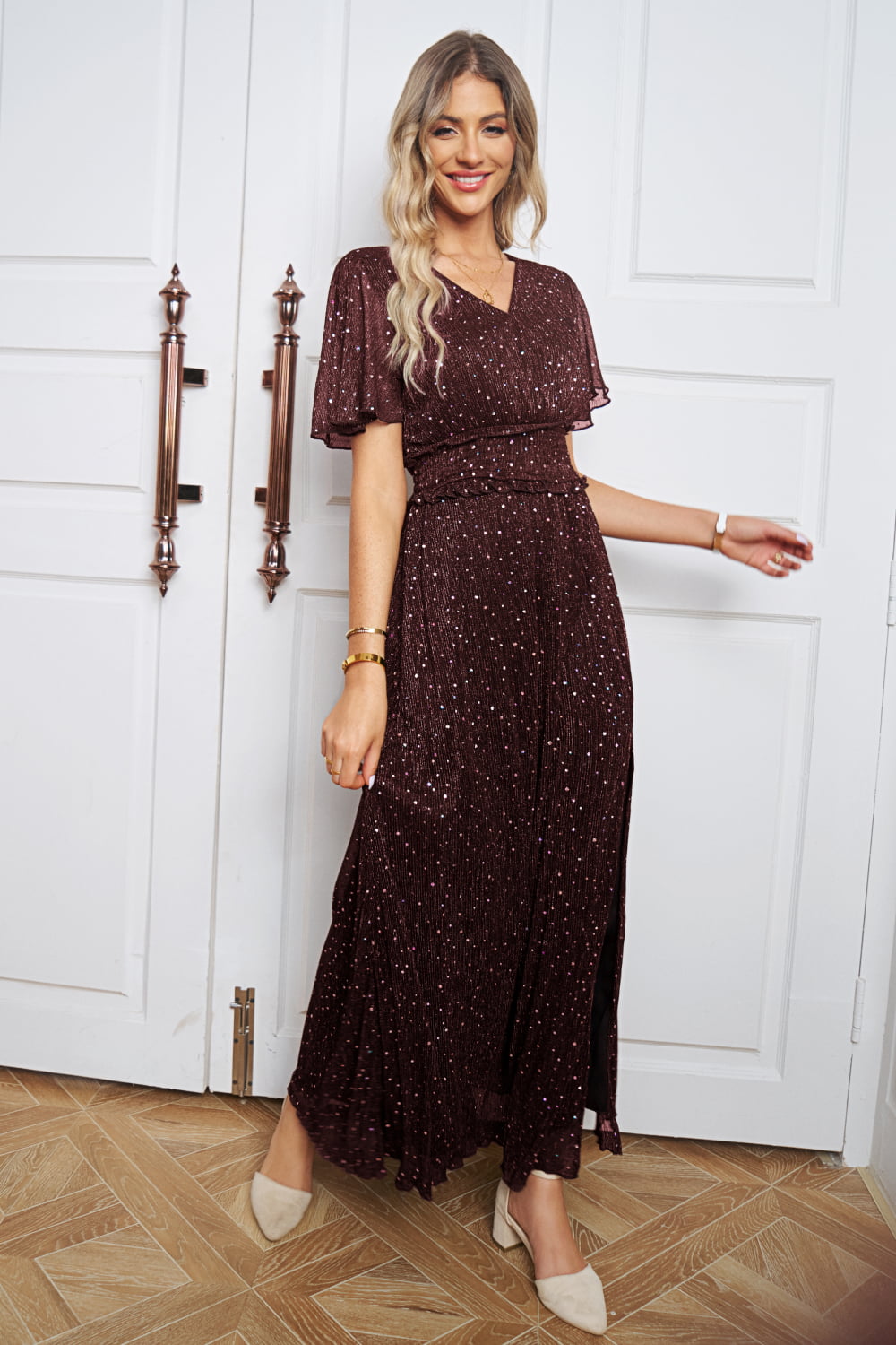 High Split V-Neck Glitter Maxi Dress