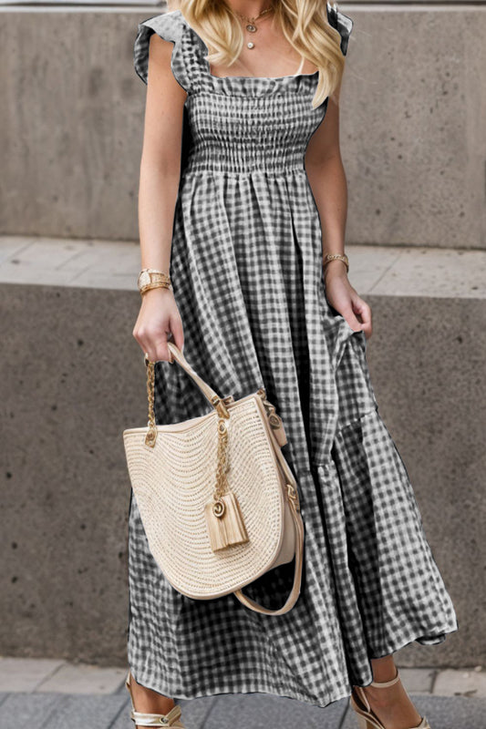 Ruffled sleeve plaid maxi dress