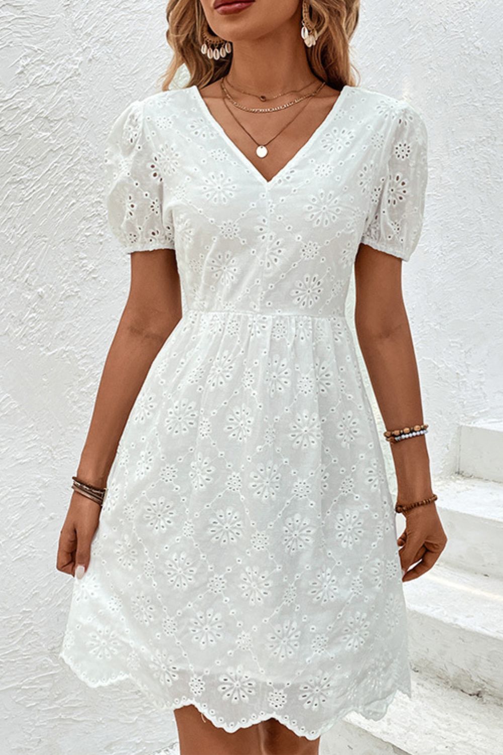 Eyelet v-neck mini dress