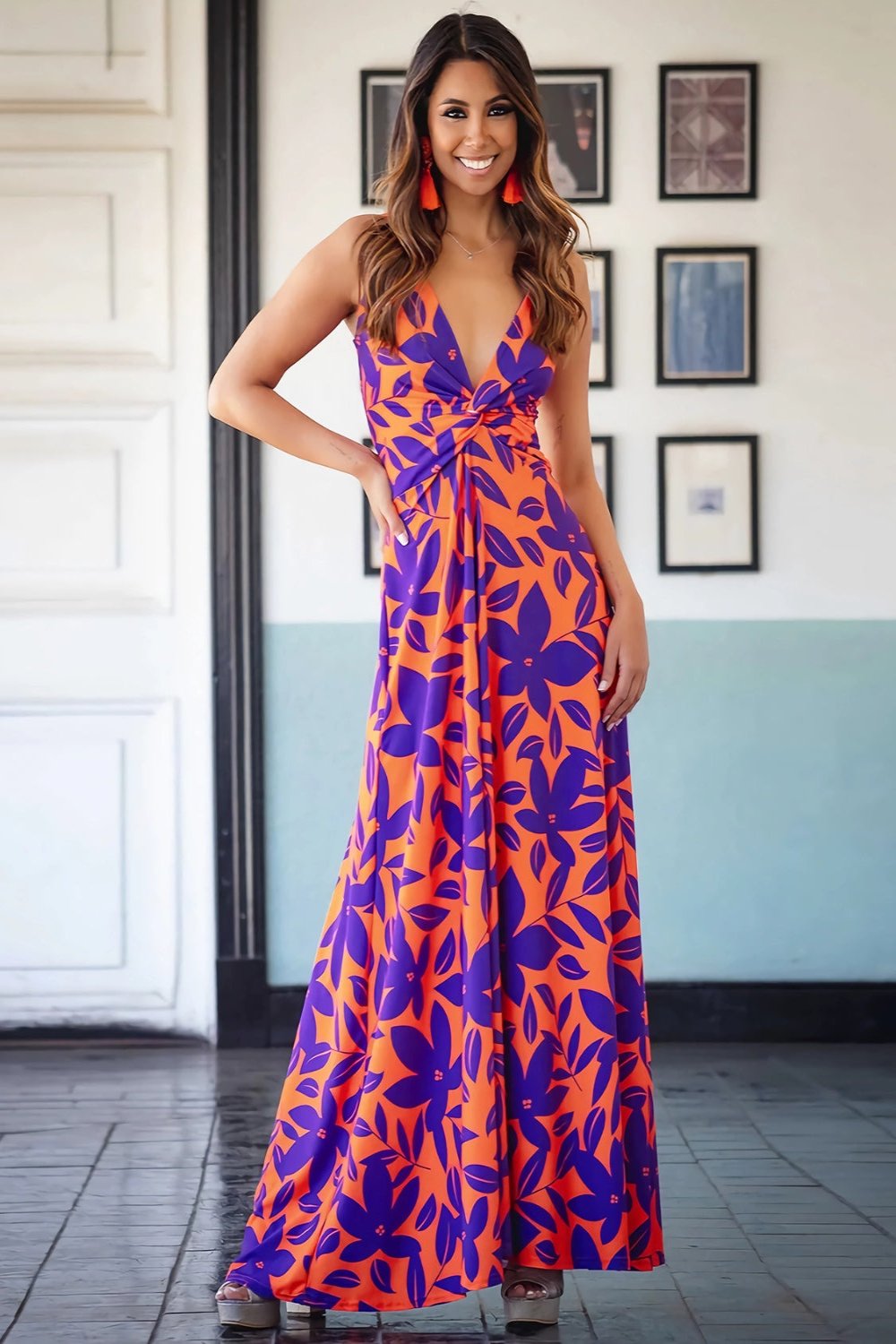 Tropical print spaghetti strap maxi dress 