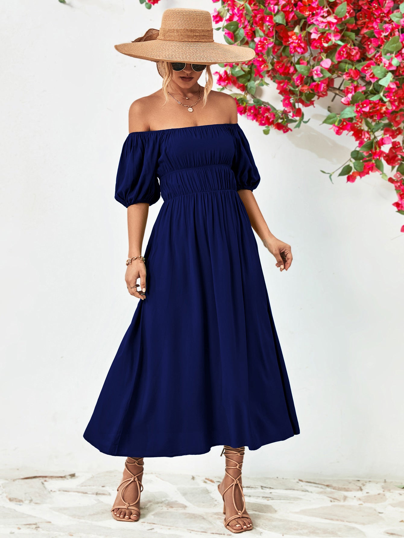 Chic Off-Shoulder Balloon Sleeve Midi Dress