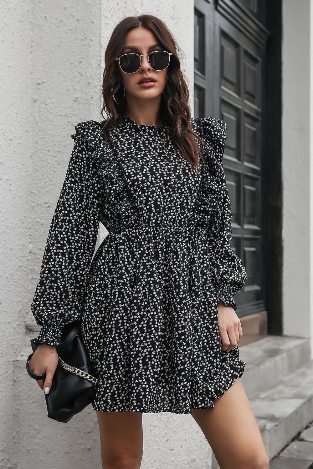 Printed Ruffle Long Sleeve Mini Dress