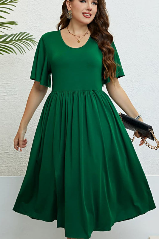 Green Flutter Sleeve Round Neck Dress