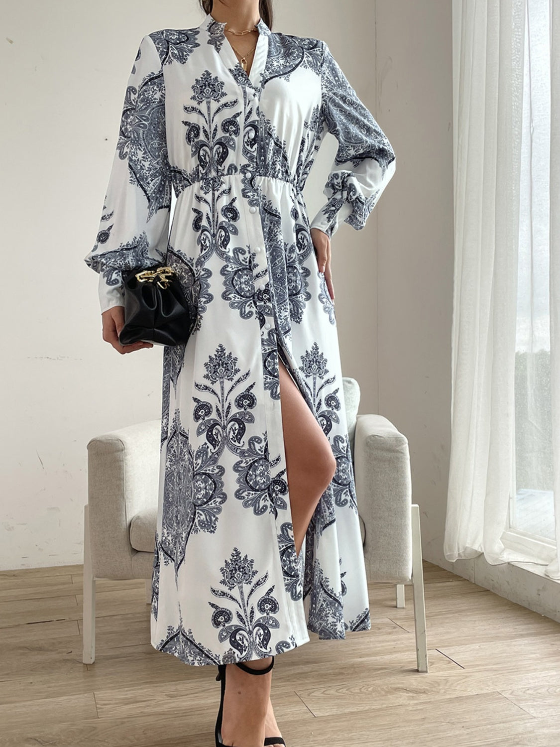 Printed Notched Long Sleeve Lantern Sleeve Midi Dress