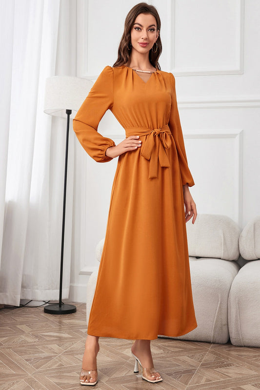 Pumpkin tie waist long sleeve maxi dress