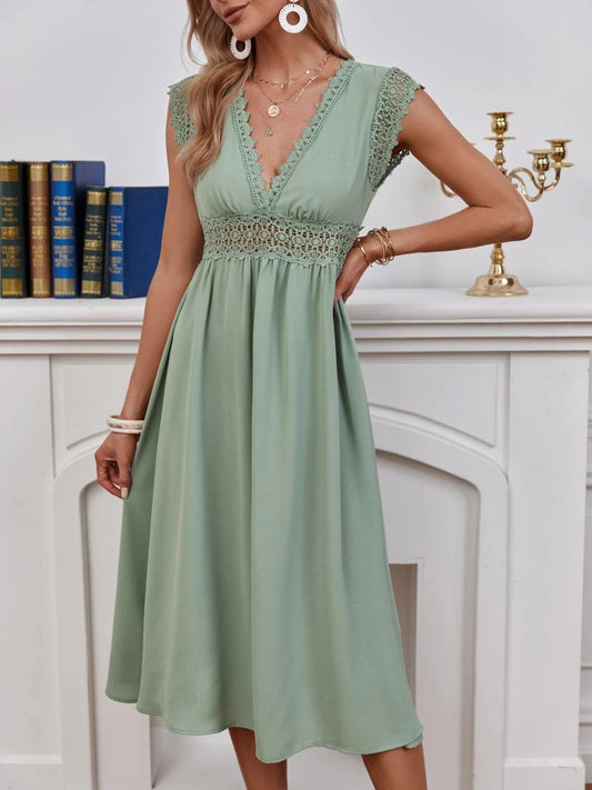 Eyelet Embroidery V-Neck Cap Sleeve Dress