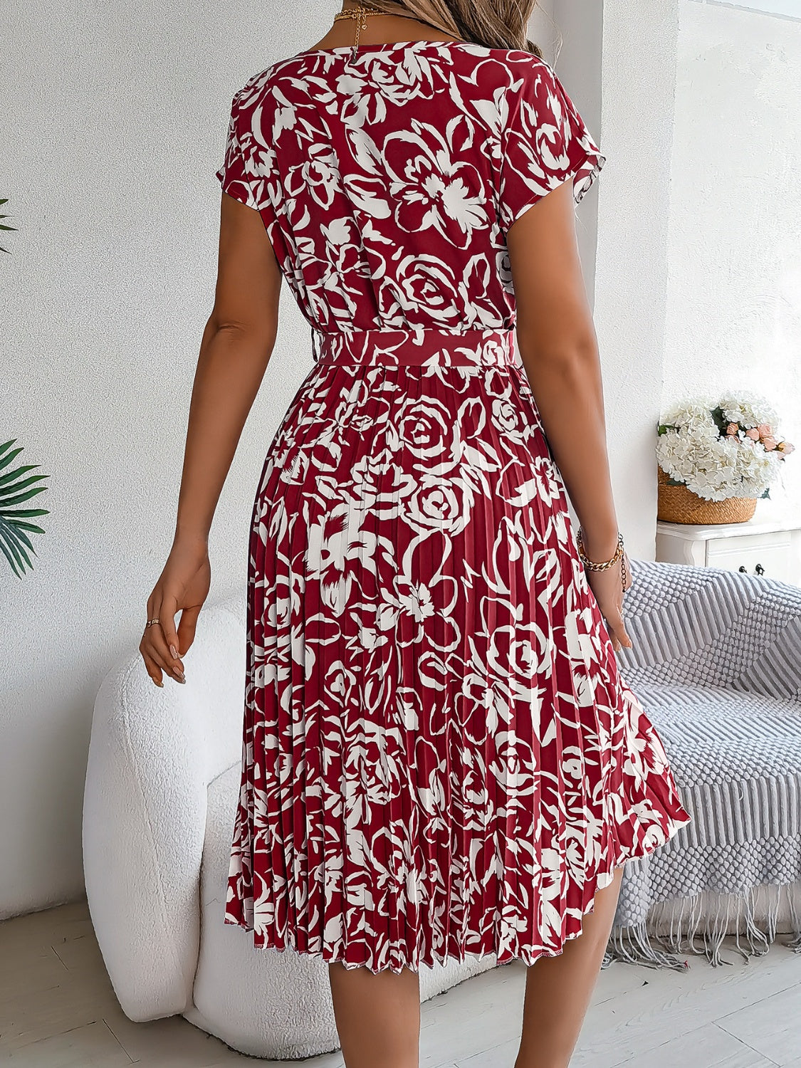 Tied Pleated Floral Printed Short Sleeve Dress