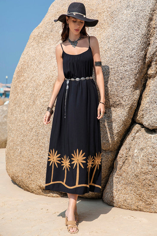 Embroidered Scoop Neck Midi Dress