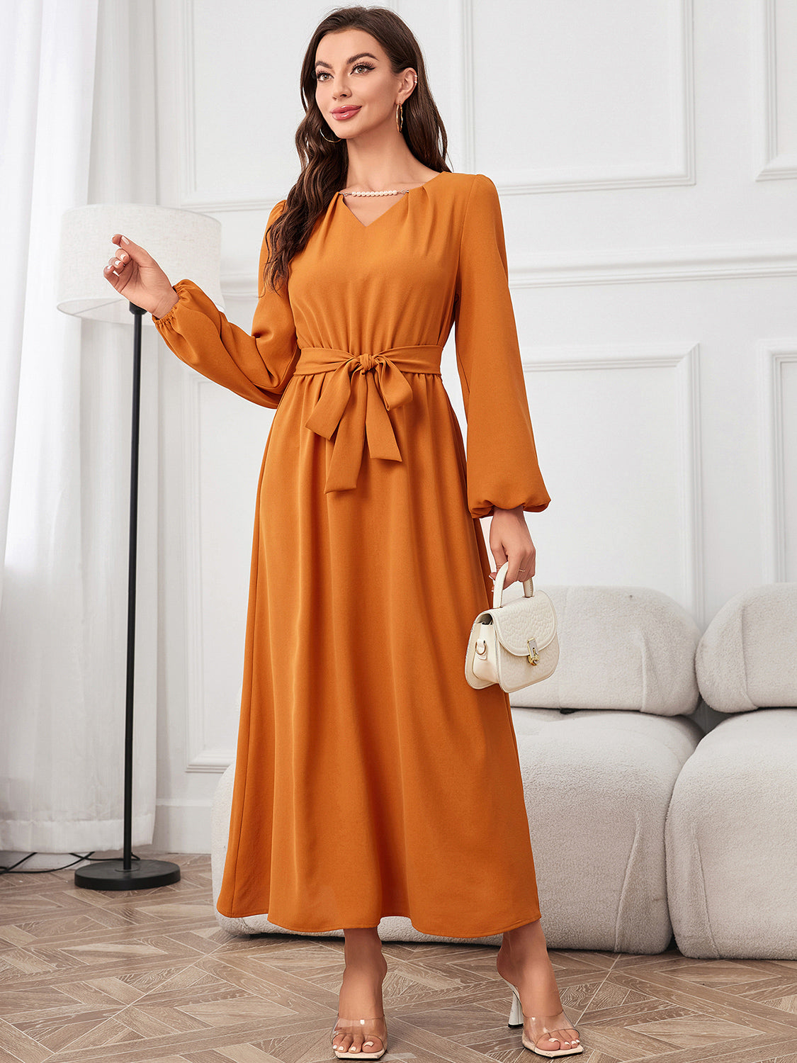 Orange Tie Waist Puff Sleeve Maxi Dress