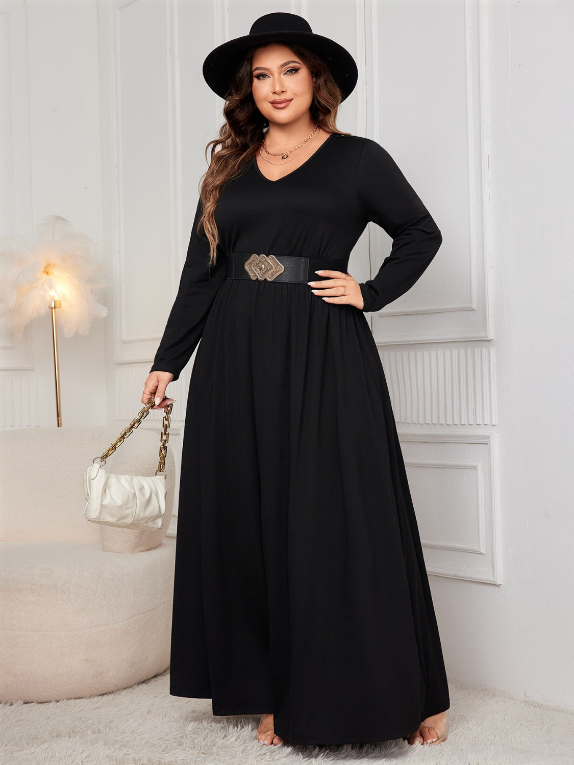 Plus Size Cutout Back V-Neck Long Sleeve Maxi Dress