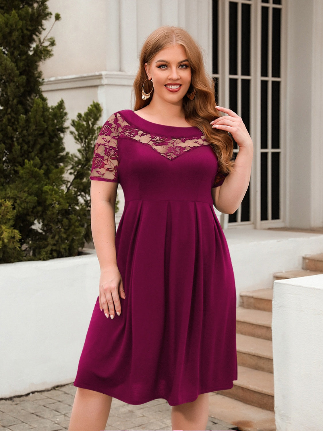 Plus Size Round Neck Lace Sleeve Dress