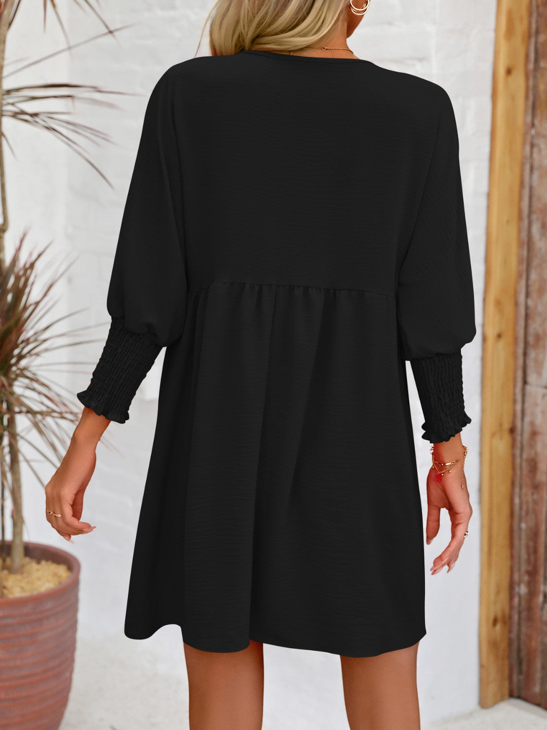 Lantern Sleeve Round Neck Mini Dress