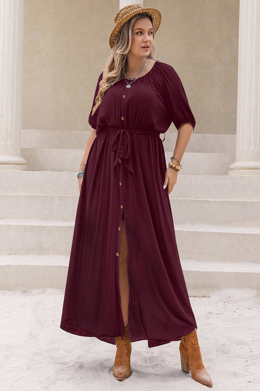 plus size buttoned down tie waist dress