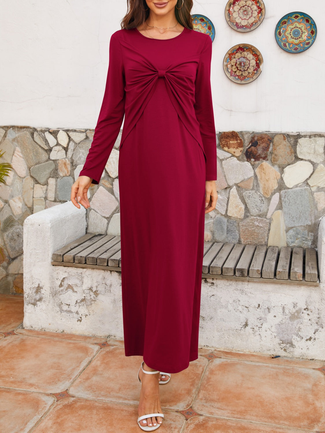 Twist Top Round Neck Long Sleeve Dress