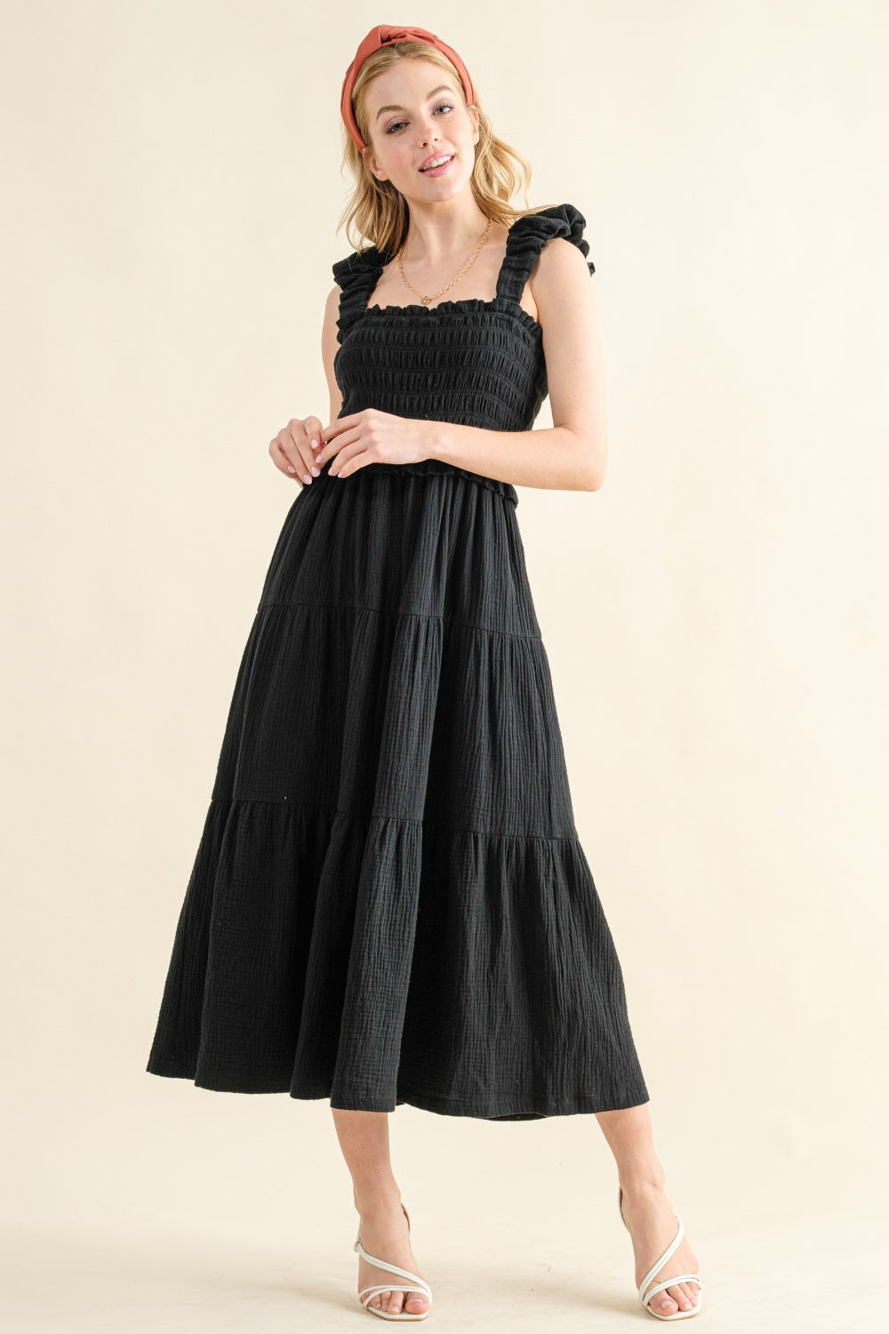 Black tiered midi dress