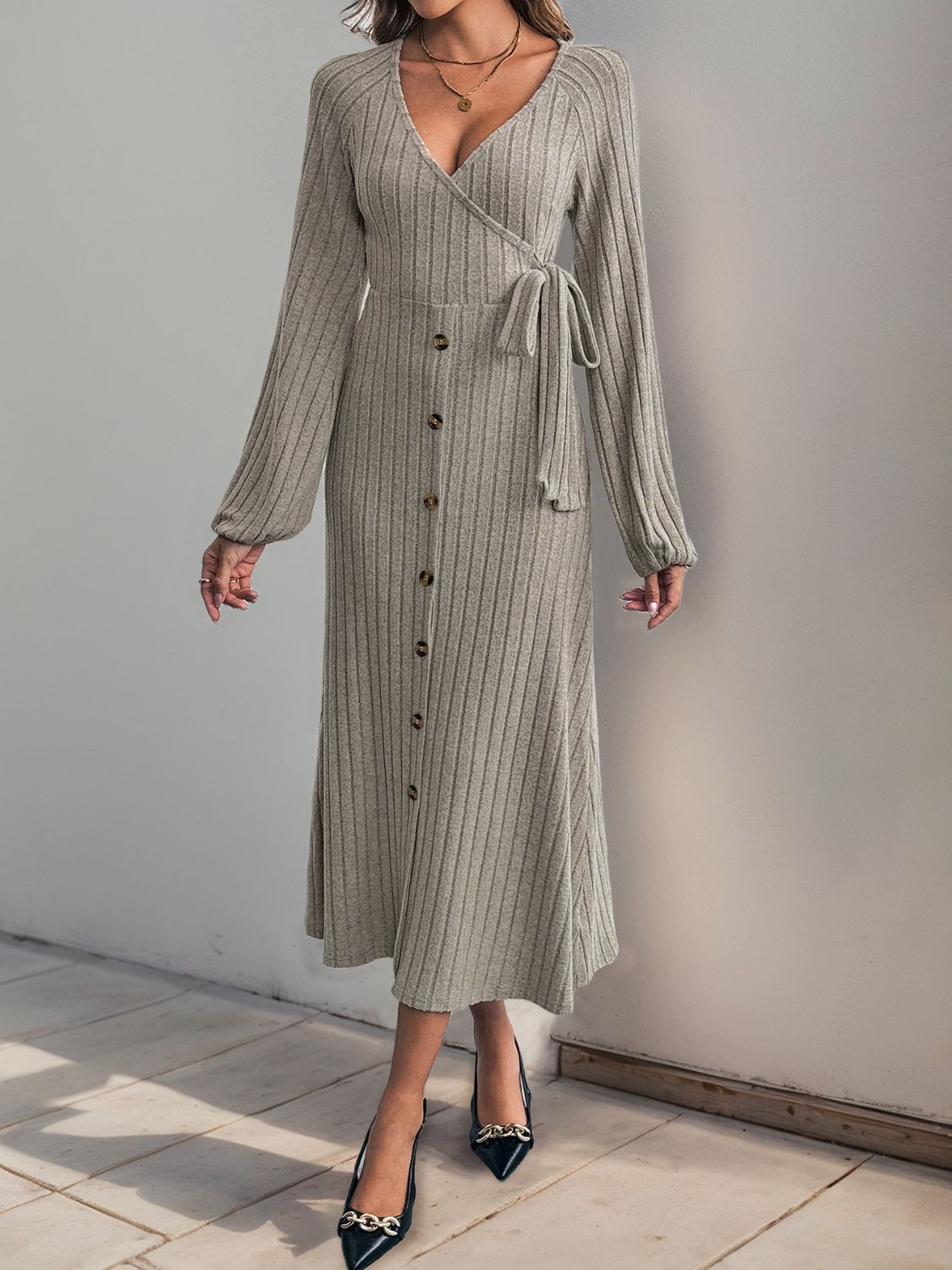 Ribbed Tied Surplice Long Sleeve Wrap Dress