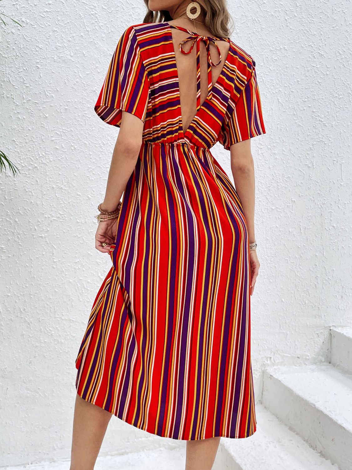 Colorful Striped V-Neck Short Sleeve Split Midi Dress