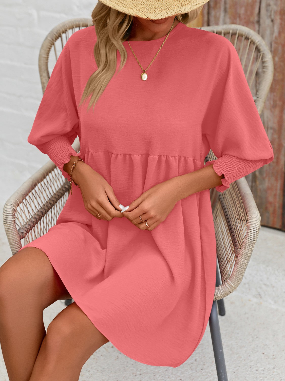 Lantern Sleeve Round Neck Mini Dress