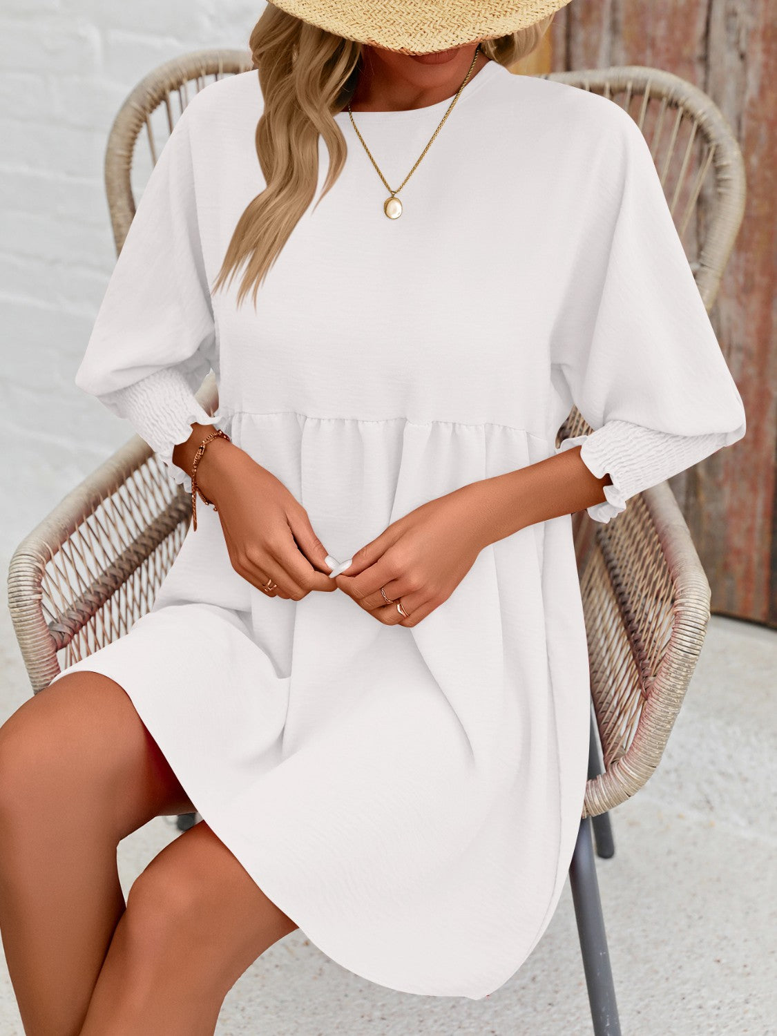 Lantern Sleeve Round Neck Mini Dress