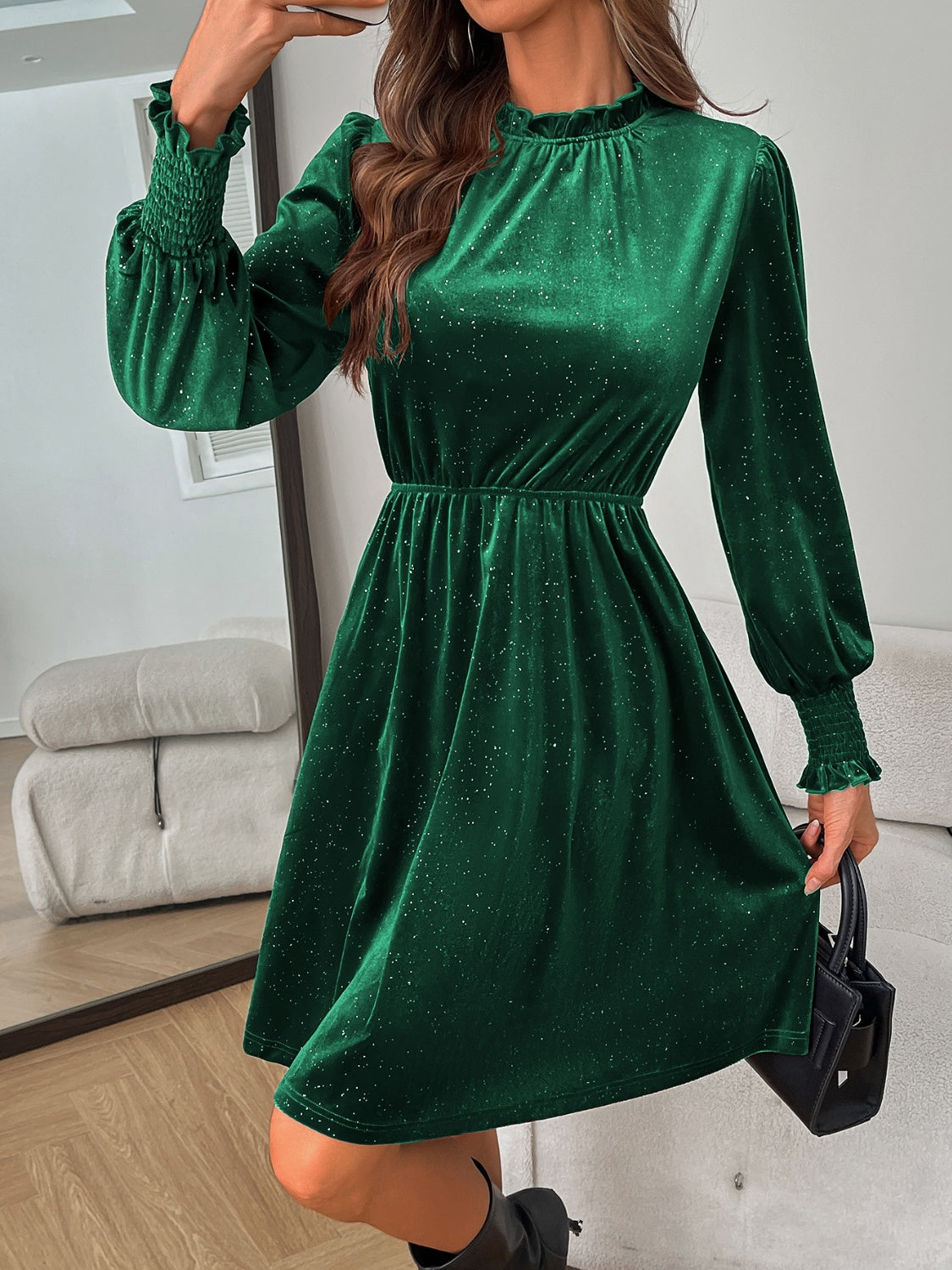 Mock Neck Glitter Long Sleeve Mini Dress