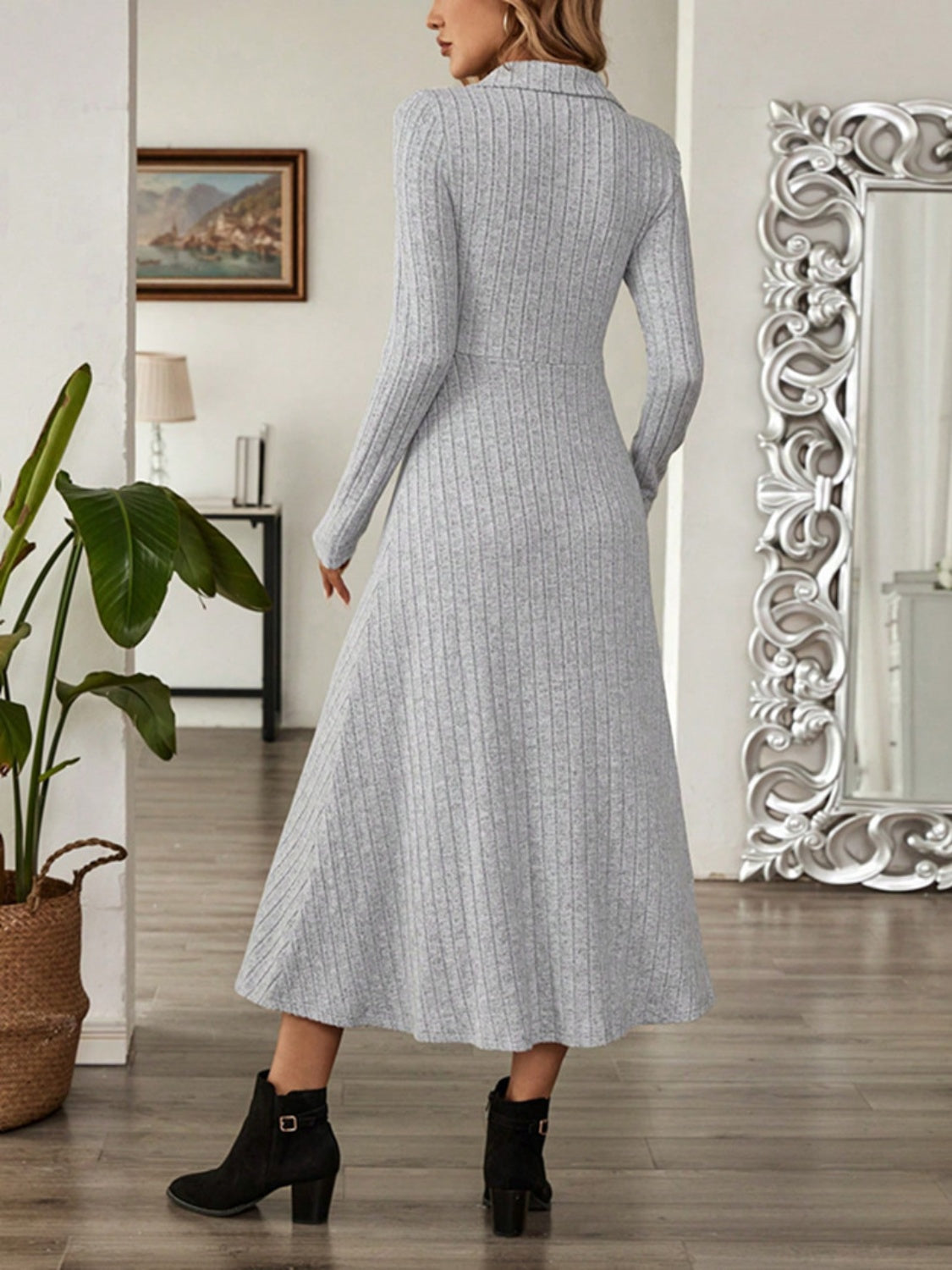 Collar V-Neck Long Sleeve Sweater Dress