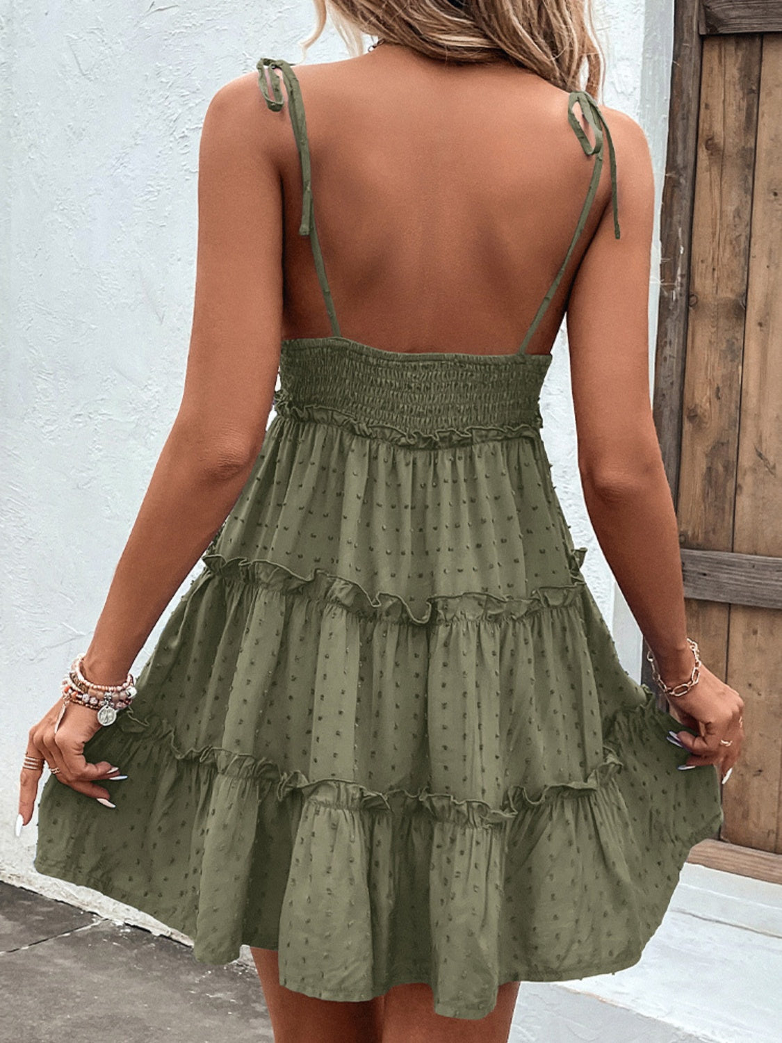 Tied Spaghetti Strap Tiered Frill Dress