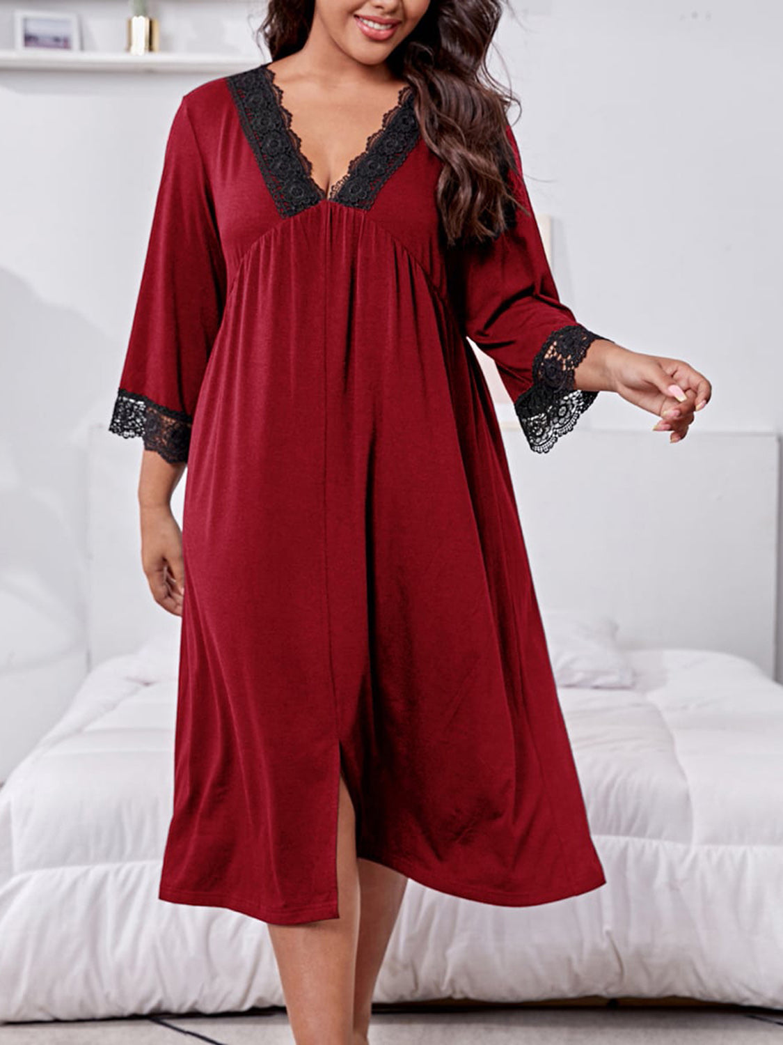 Plus Size Lace Detail V-Neck Casual Dress